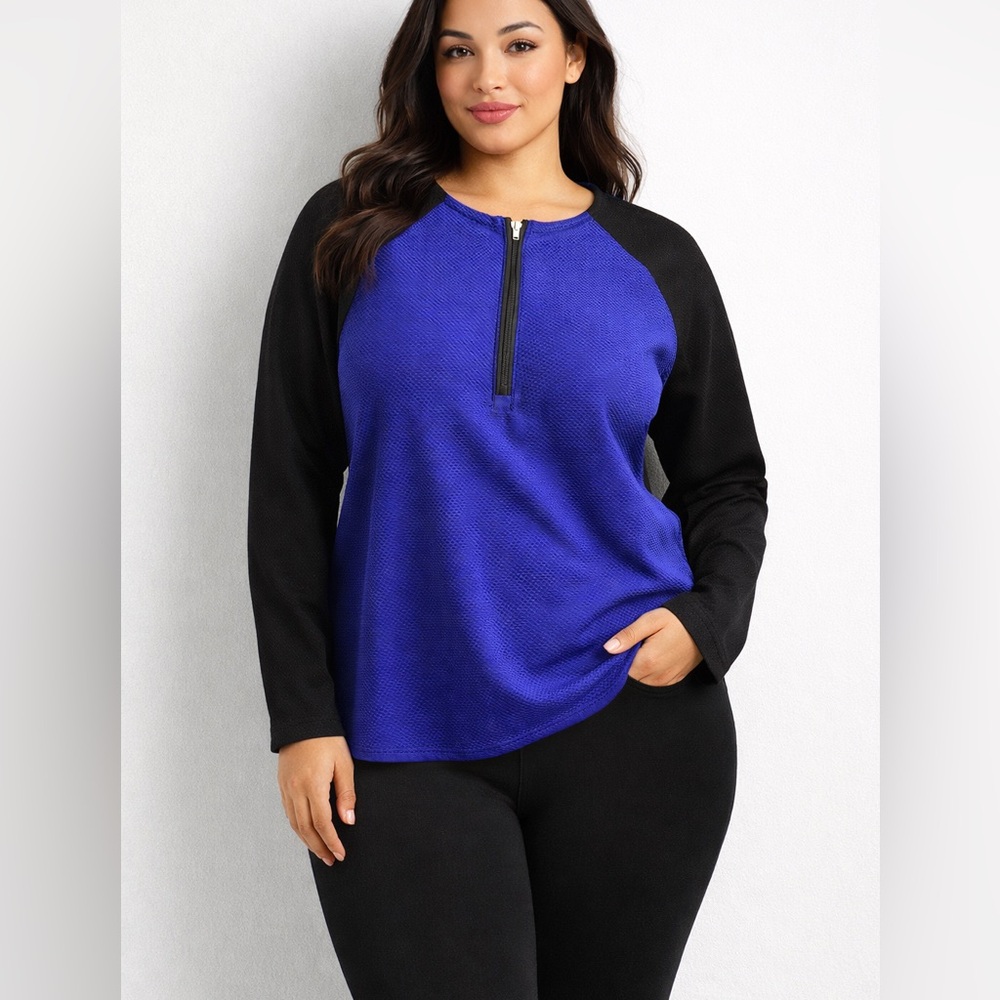 Lauren Ralph Lauren Womens 1X Sporty Blue Black Textured Half Zip Top Breathable